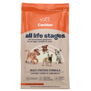 Canidae All Life Stages Dog Food Formula. Orange and tan dry dog food bag.